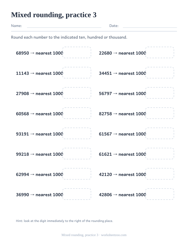 Rounding Worksheets page for Mixed rounding, practice 3