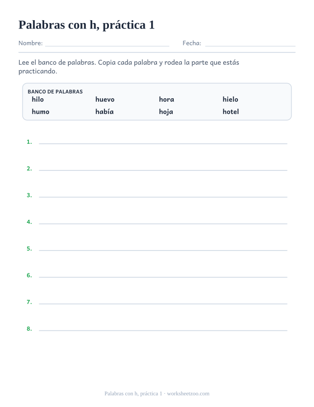 Fichas de ortografía de palabras con h, práctica 1