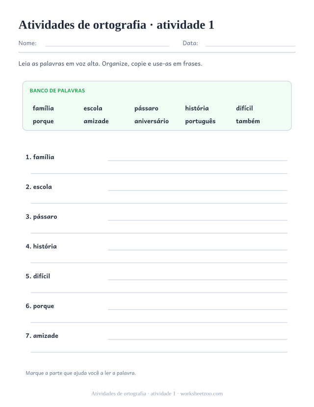 Prévia de Atividades de ortografia, atividade 1 para imprimir