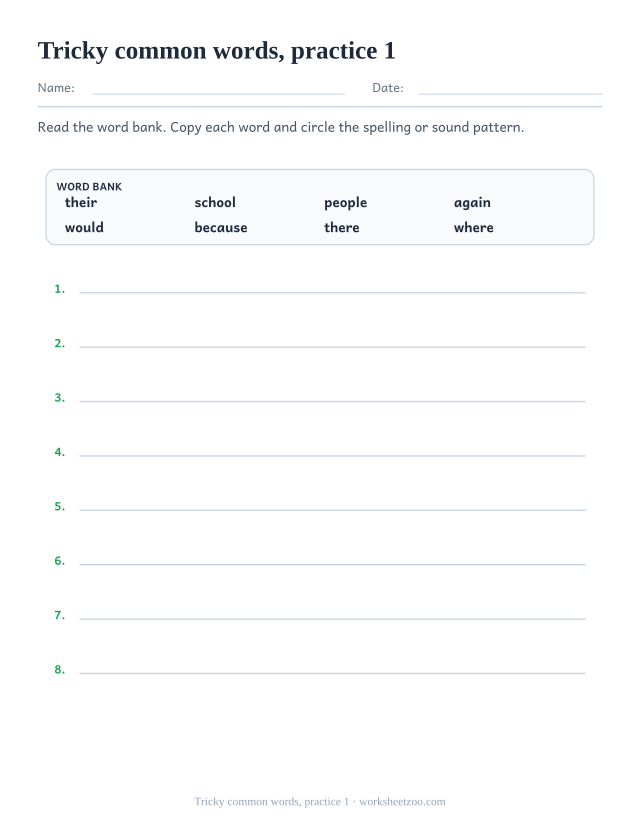 Spelling Worksheets page for Tricky common words, practice 1