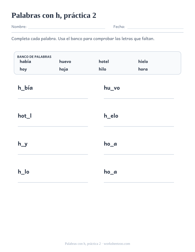 Fichas de ortografía de palabras con h, práctica 2