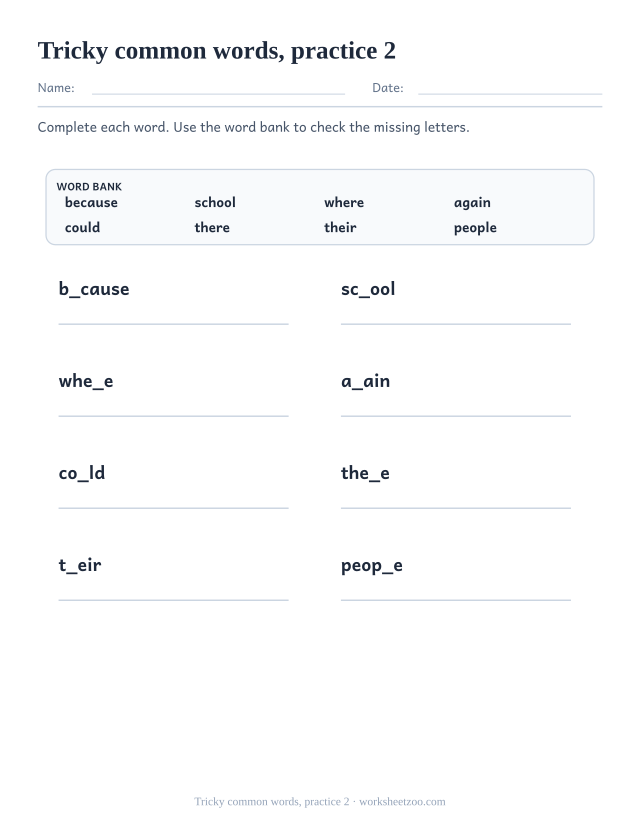 Spelling Worksheets page for Tricky common words, practice 2