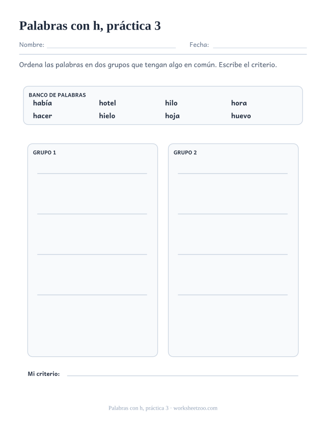 Fichas de ortografía de palabras con h, práctica 3