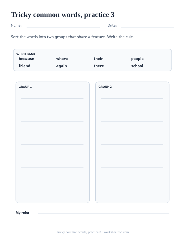 Spelling Worksheets page for Tricky common words, practice 3