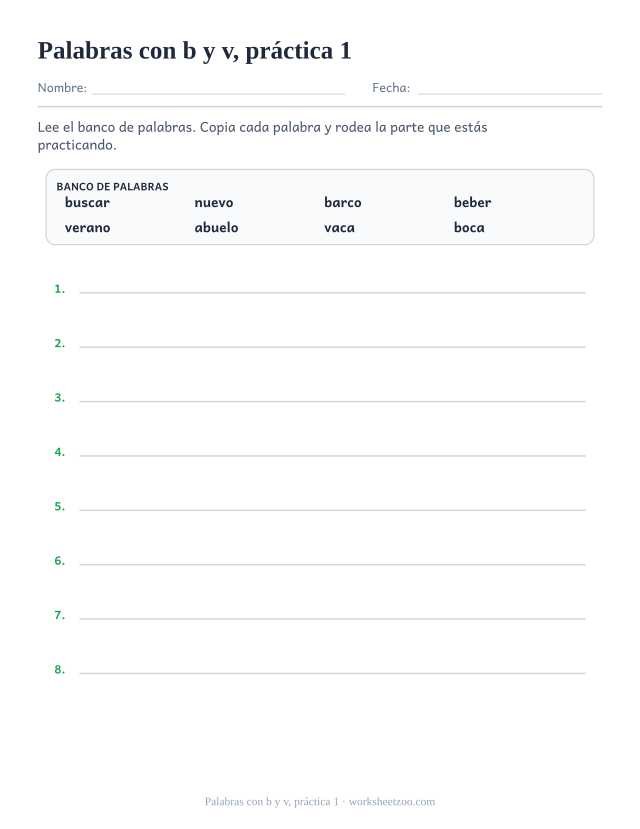 Fichas de ortografía de palabras con b y v, práctica 1