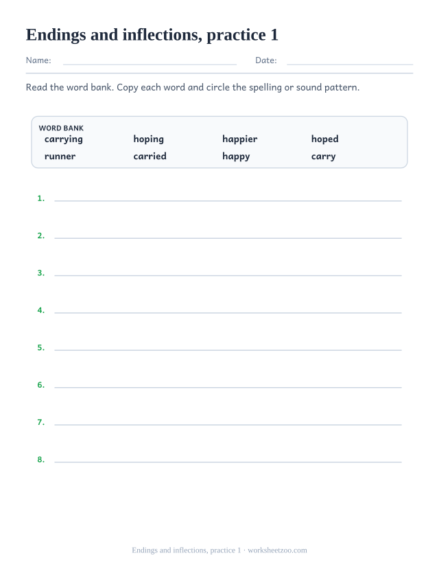 Spelling Worksheets page for Endings and inflections, practice 1