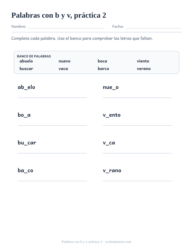 Fichas de ortografía de palabras con b y v, práctica 2