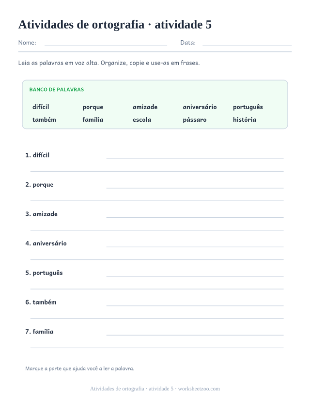 Prévia de Atividades de ortografia, atividade 5 para imprimir