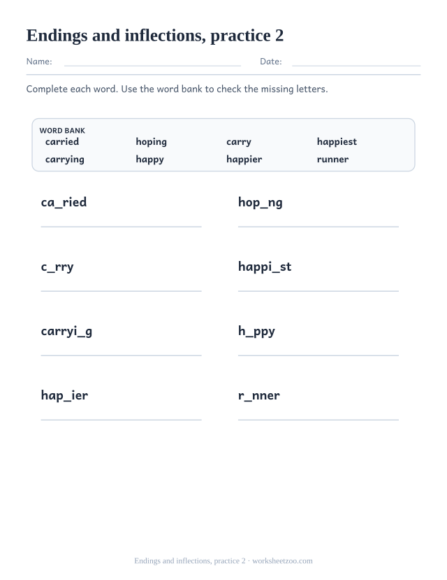 Spelling Worksheets page for Endings and inflections, practice 2