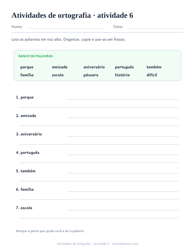 Prévia de Atividades de ortografia, atividade 6 para imprimir