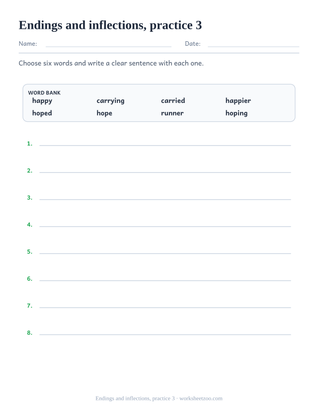 Spelling Worksheets page for Endings and inflections, practice 3