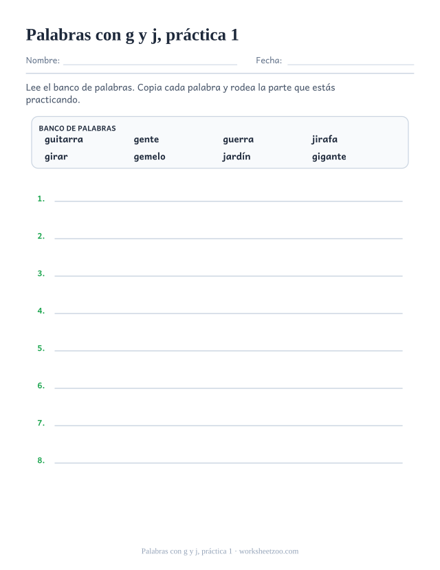 Fichas de ortografía de palabras con g y j, práctica 1