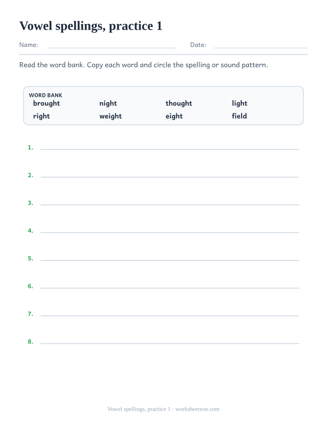 Spelling Worksheets page for Vowel spellings, practice 1