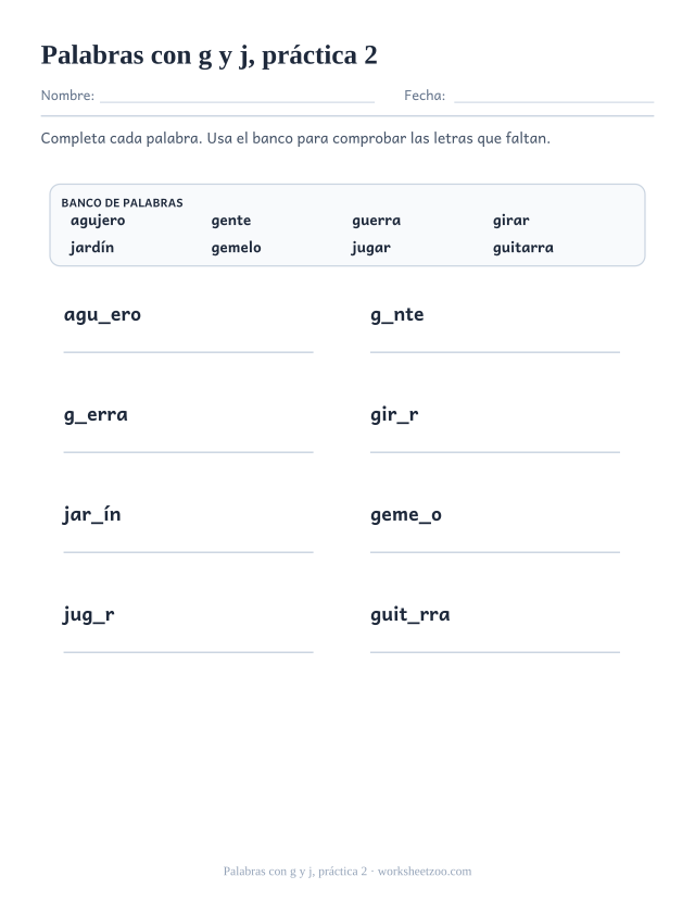 Fichas de ortografía de palabras con g y j, práctica 2