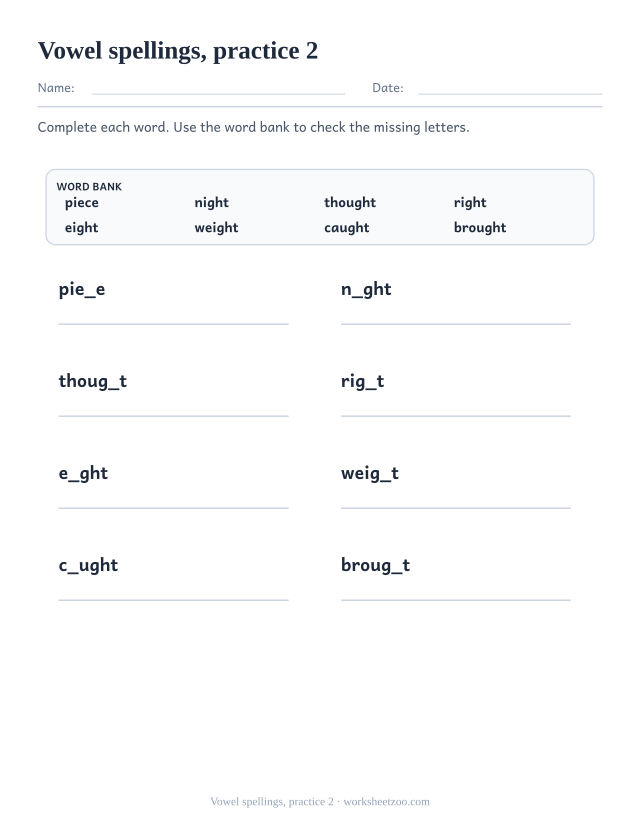 Spelling Worksheets page for Vowel spellings, practice 2