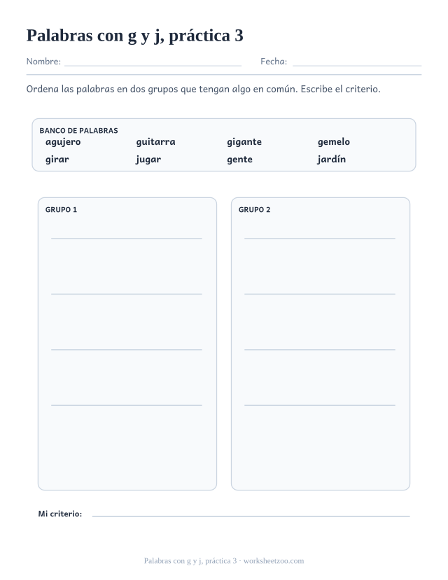 Fichas de ortografía de palabras con g y j, práctica 3