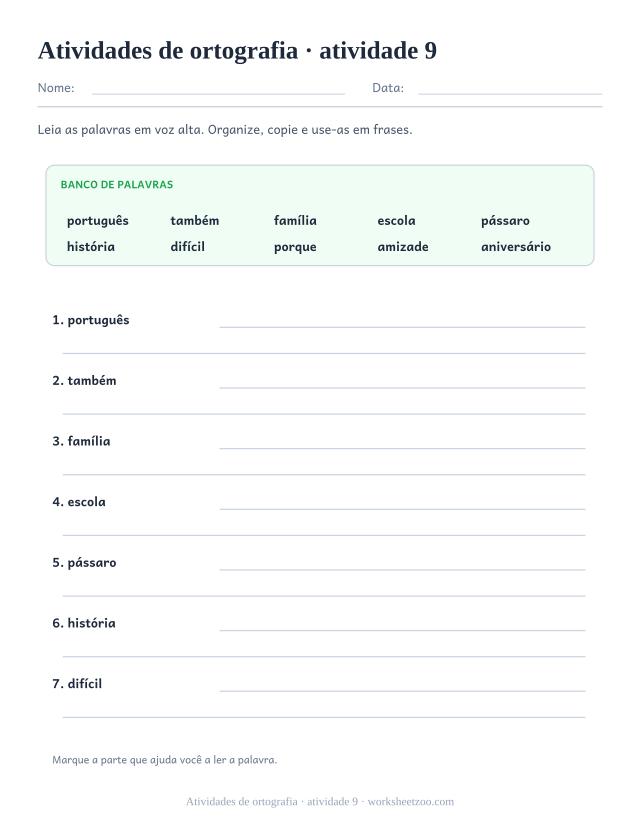 Prévia de Atividades de ortografia, atividade 9 para imprimir