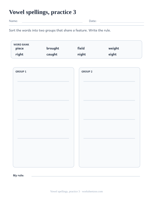Spelling Worksheets page for Vowel spellings, practice 3