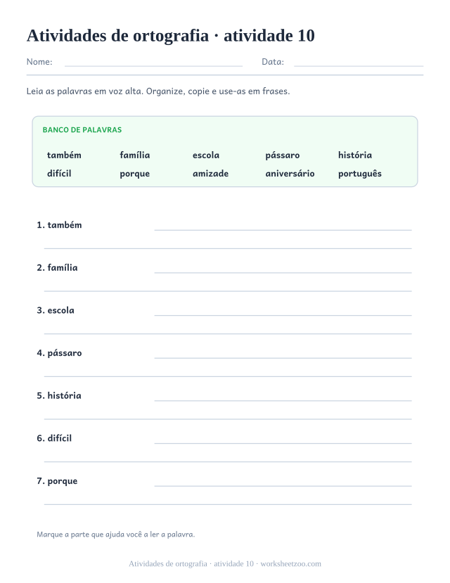 Prévia de Atividades de ortografia, atividade 10 para imprimir