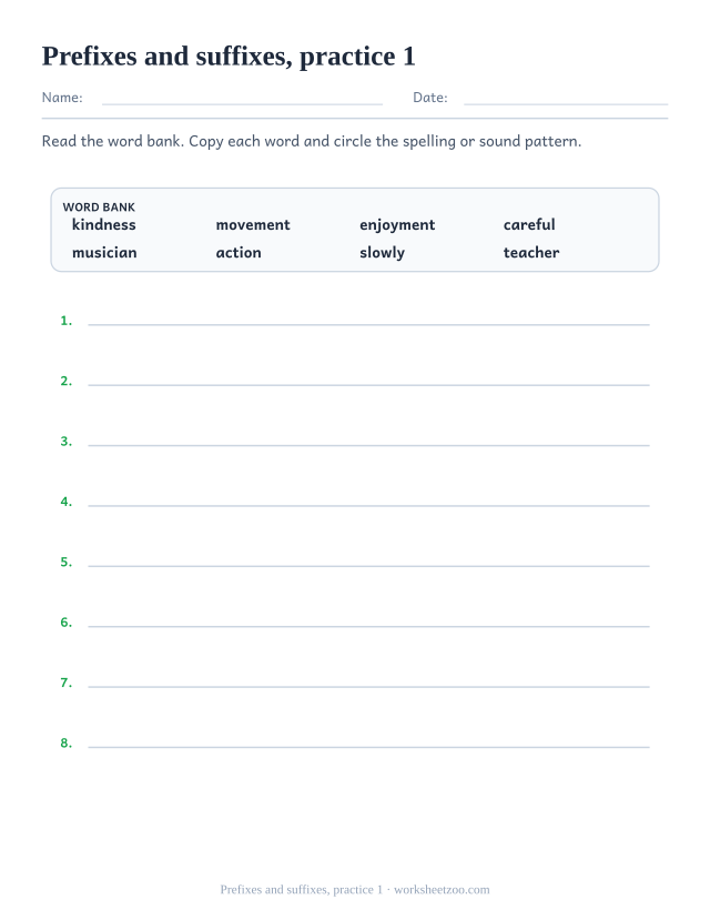 Spelling Worksheets page for Prefixes and suffixes, practice 1