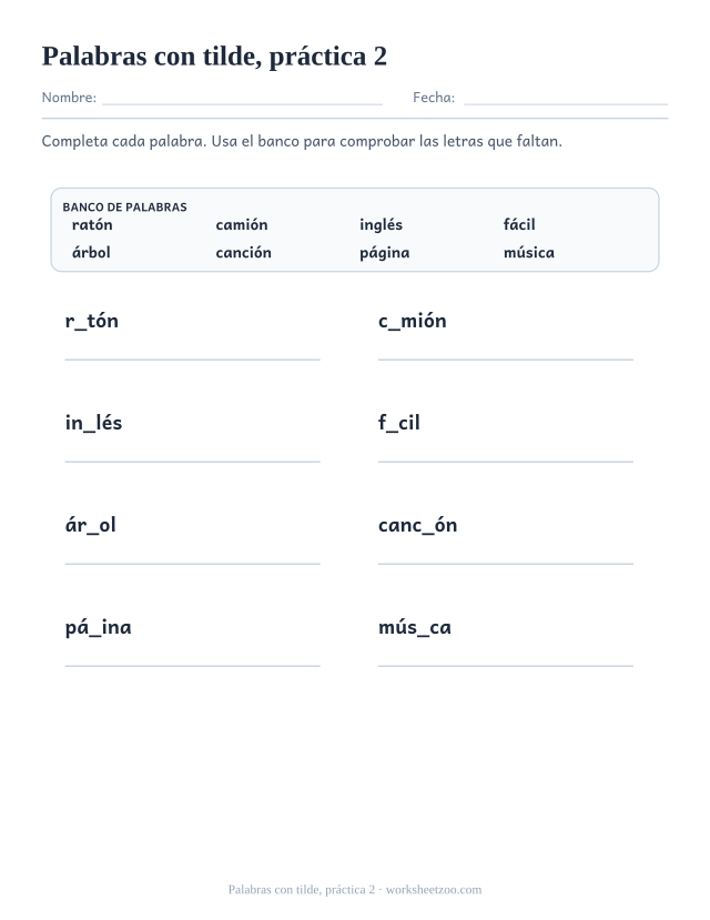 Fichas de ortografía de palabras con tilde, práctica 2