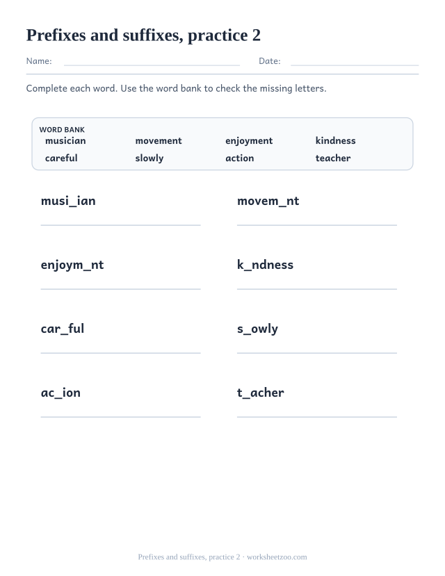 Spelling Worksheets page for Prefixes and suffixes, practice 2