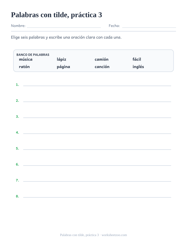 Fichas de ortografía de palabras con tilde, práctica 3