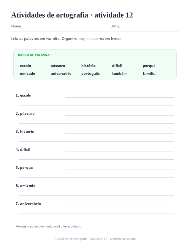Prévia de Atividades de ortografia, atividade 12 para imprimir