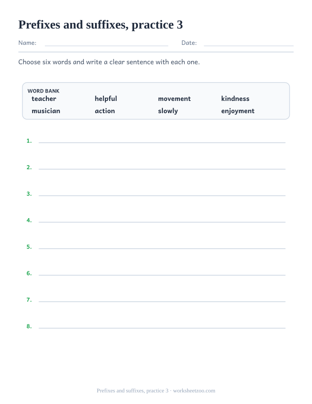 Spelling Worksheets page for Prefixes and suffixes, practice 3