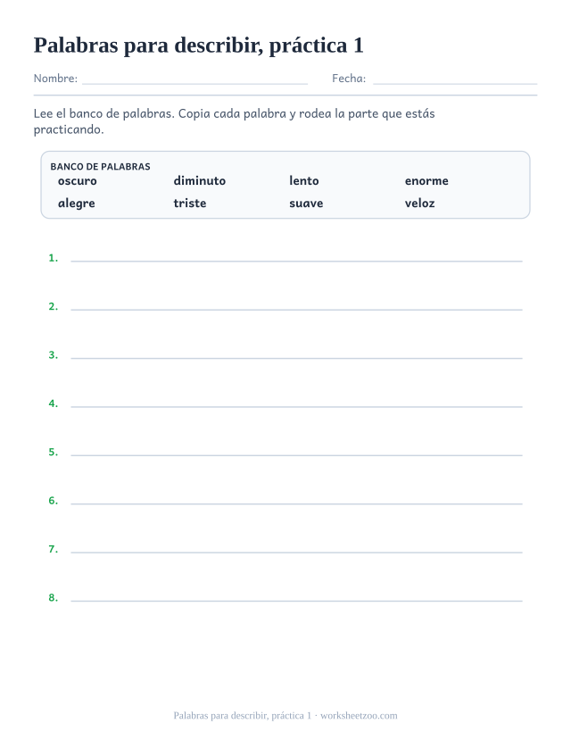 Fichas de vocabulario de palabras para describir, práctica 1