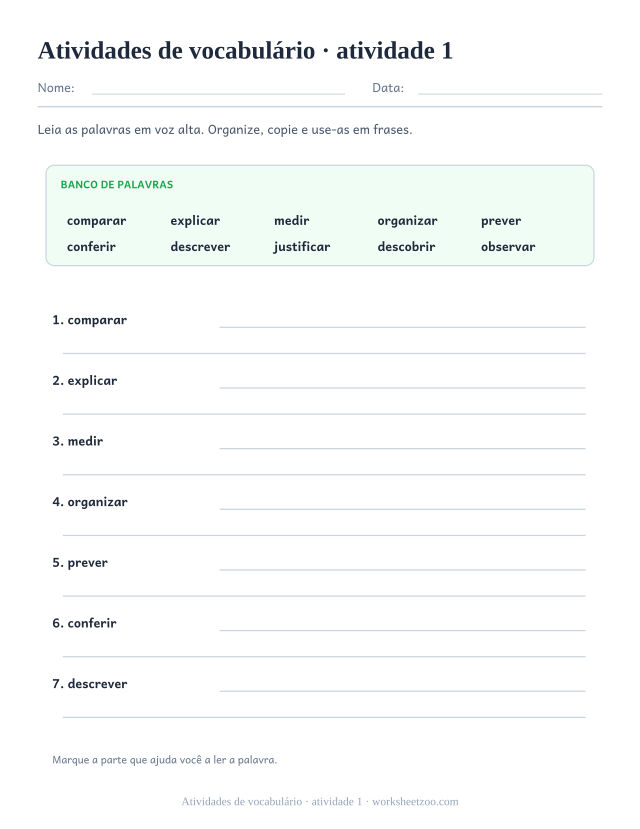 Prévia de Atividades de vocabulário, atividade 1 para imprimir