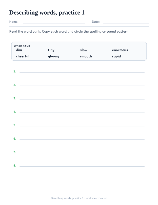 Vocabulary Worksheets page for Describing words, practice 1