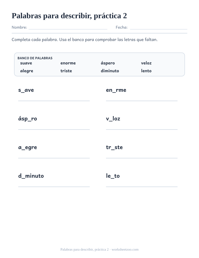 Fichas de vocabulario de palabras para describir, práctica 2