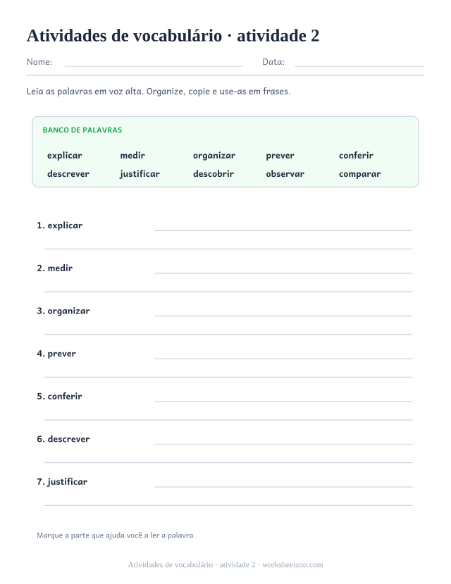 Prévia de Atividades de vocabulário, atividade 2 para imprimir