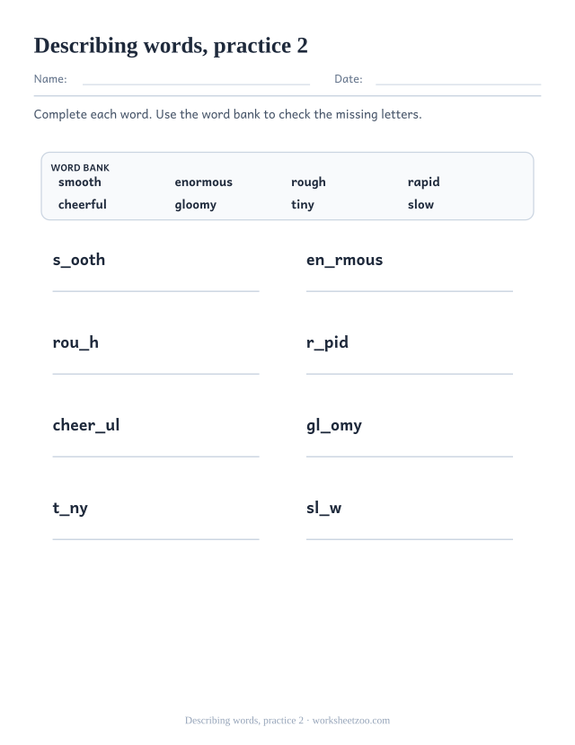 Vocabulary Worksheets page for Describing words, practice 2
