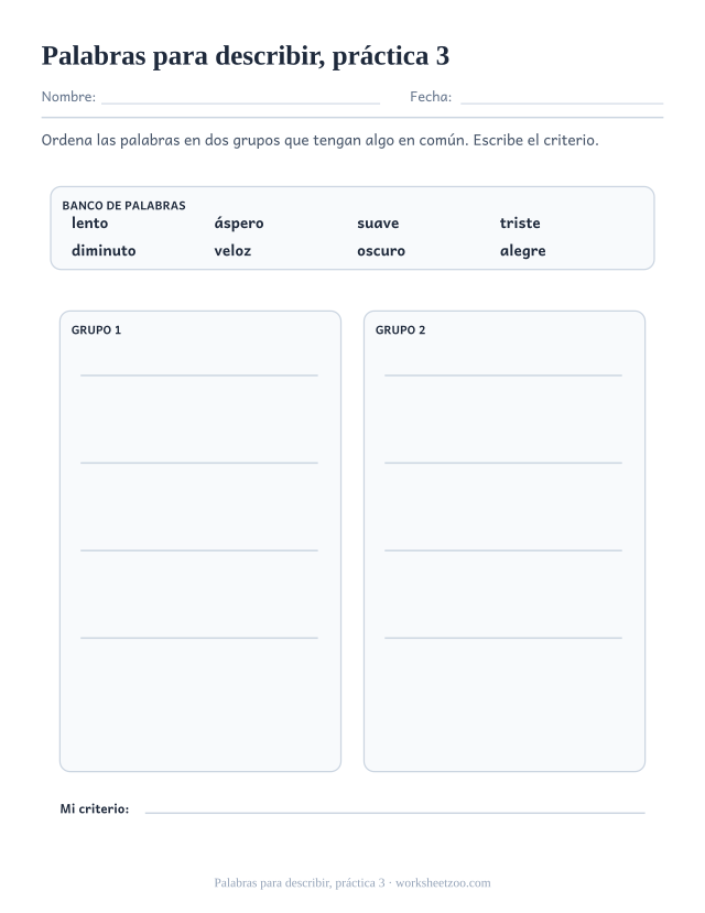 Fichas de vocabulario de palabras para describir, práctica 3