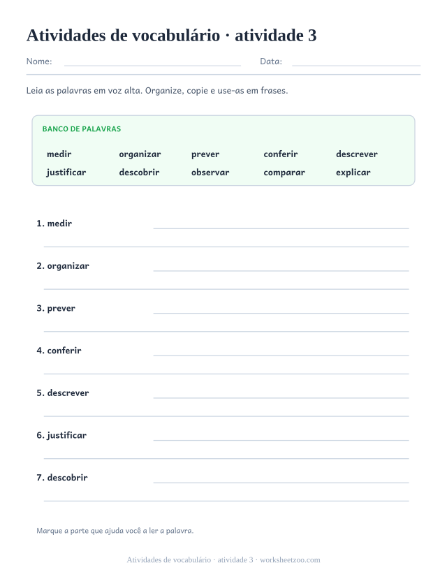 Prévia de Atividades de vocabulário, atividade 3 para imprimir