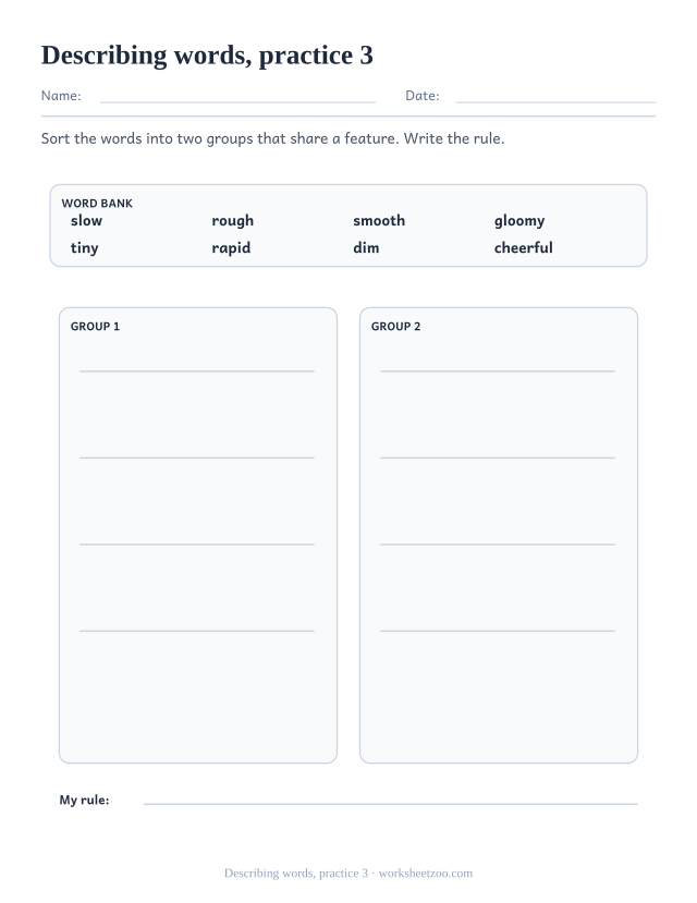 Vocabulary Worksheets page for Describing words, practice 3