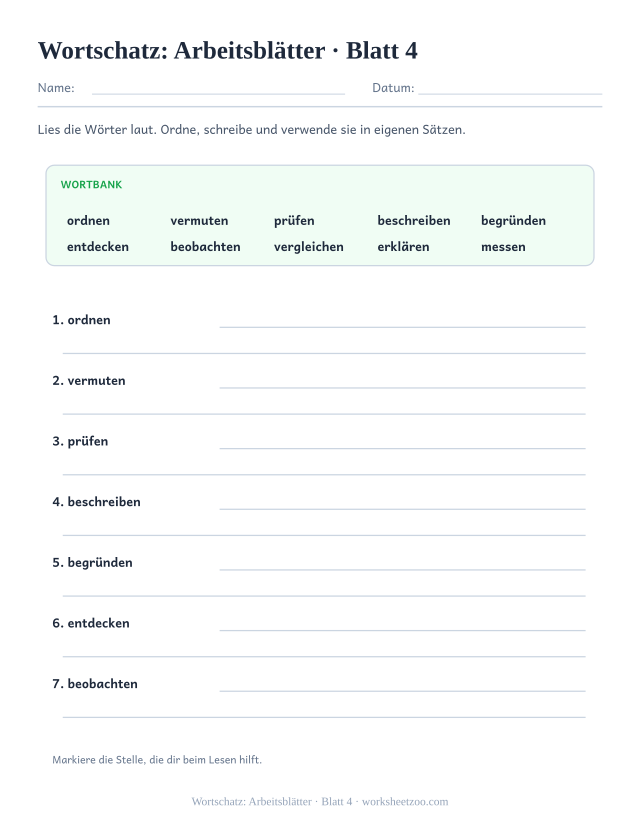 Vorschau: Wortschatz: Arbeitsblätter, druckbares Arbeitsblatt 4