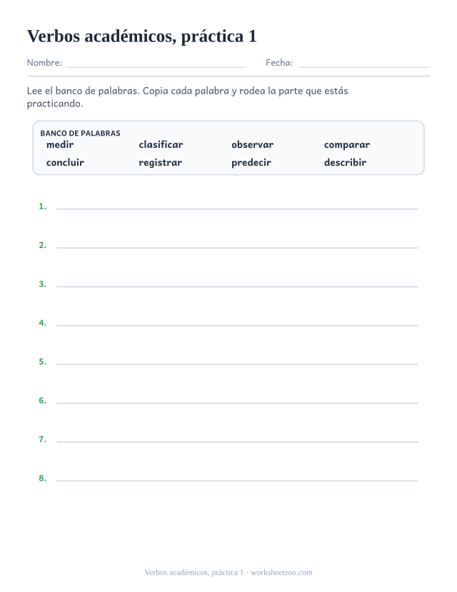 Fichas de vocabulario de verbos académicos, práctica 1