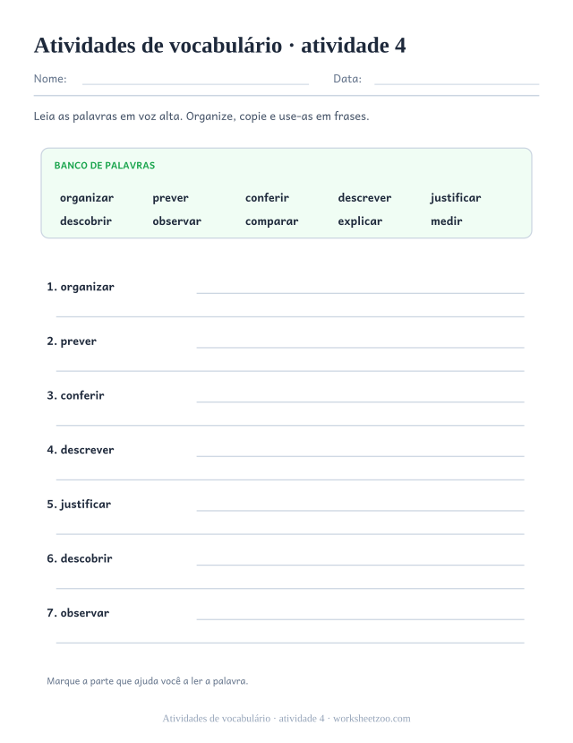 Prévia de Atividades de vocabulário, atividade 4 para imprimir