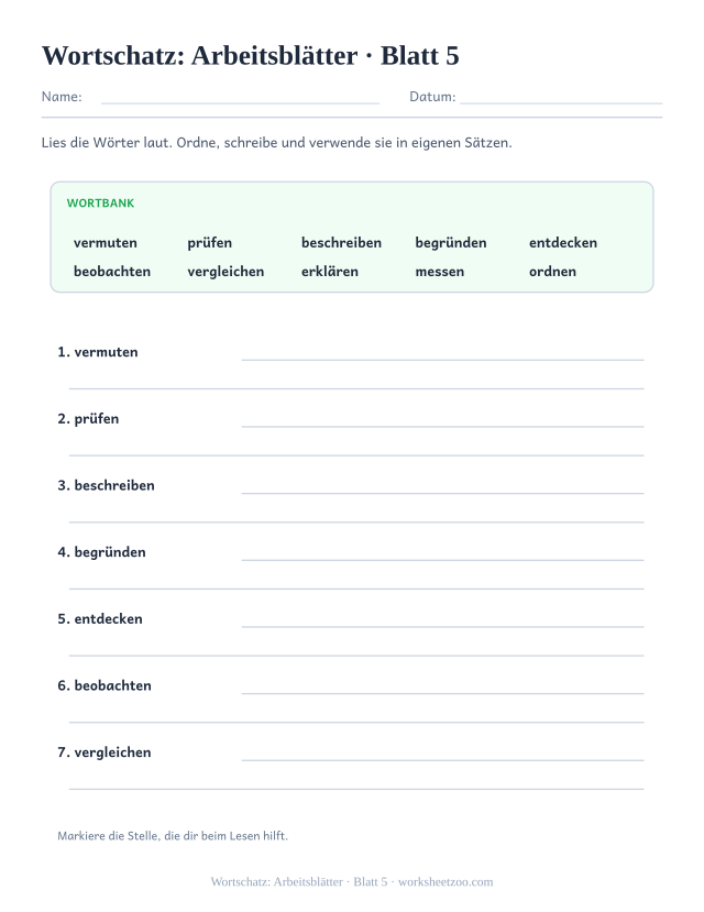 Vorschau: Wortschatz: Arbeitsblätter, druckbares Arbeitsblatt 5