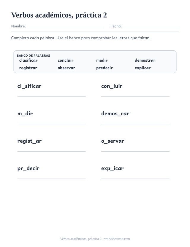 Fichas de vocabulario de verbos académicos, práctica 2