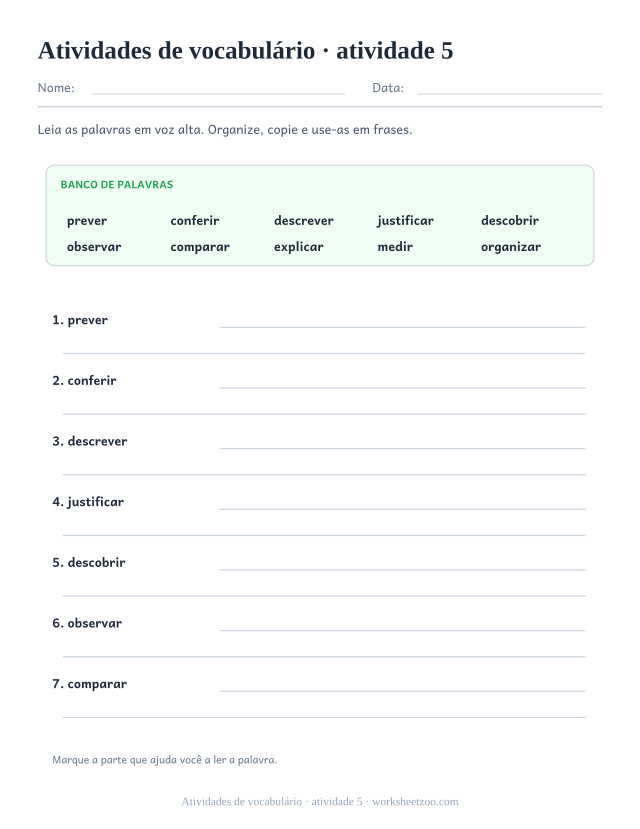 Prévia de Atividades de vocabulário, atividade 5 para imprimir
