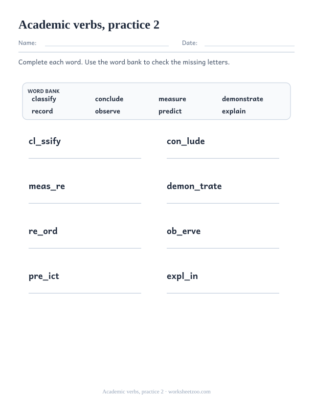 Vocabulary Worksheets page for Academic verbs, practice 2