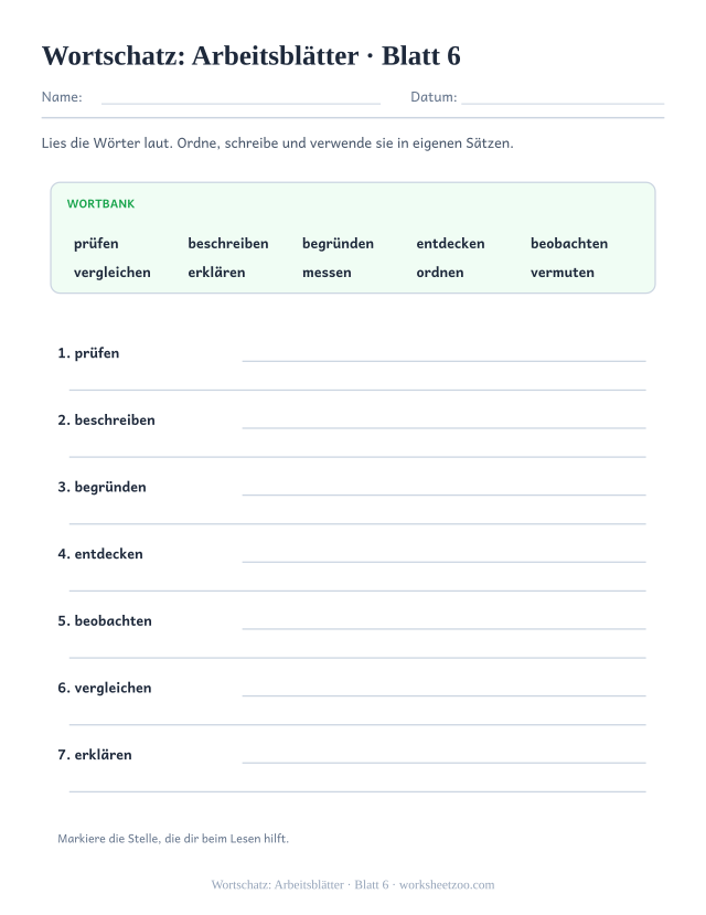 Vorschau: Wortschatz: Arbeitsblätter, druckbares Arbeitsblatt 6