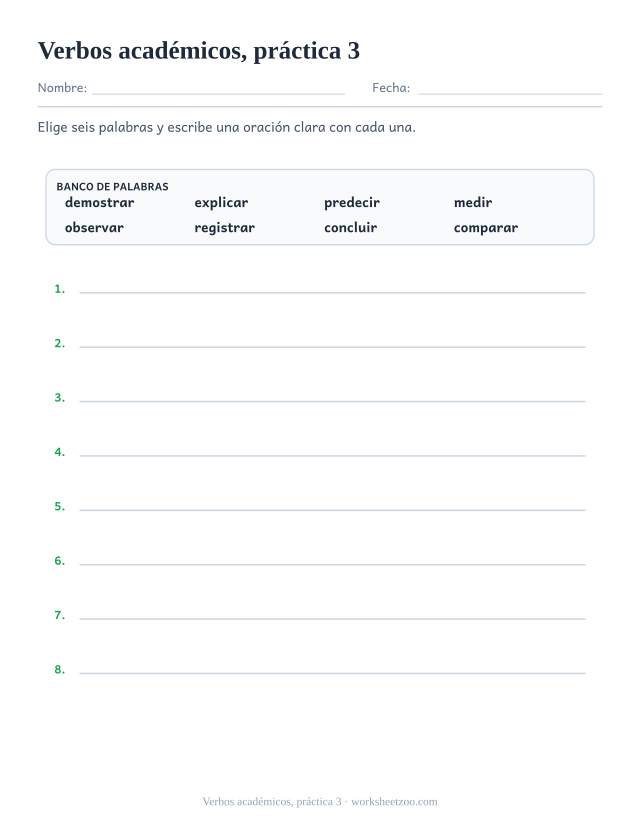 Fichas de vocabulario de verbos académicos, práctica 3