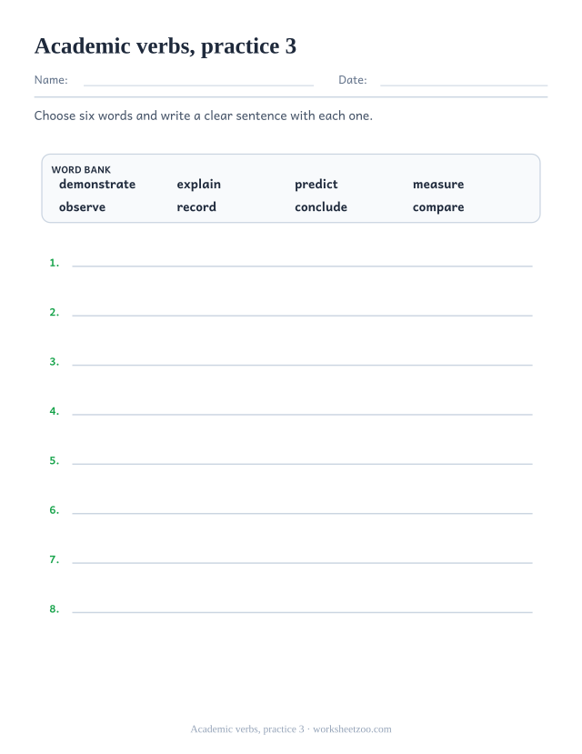 Vocabulary Worksheets page for Academic verbs, practice 3