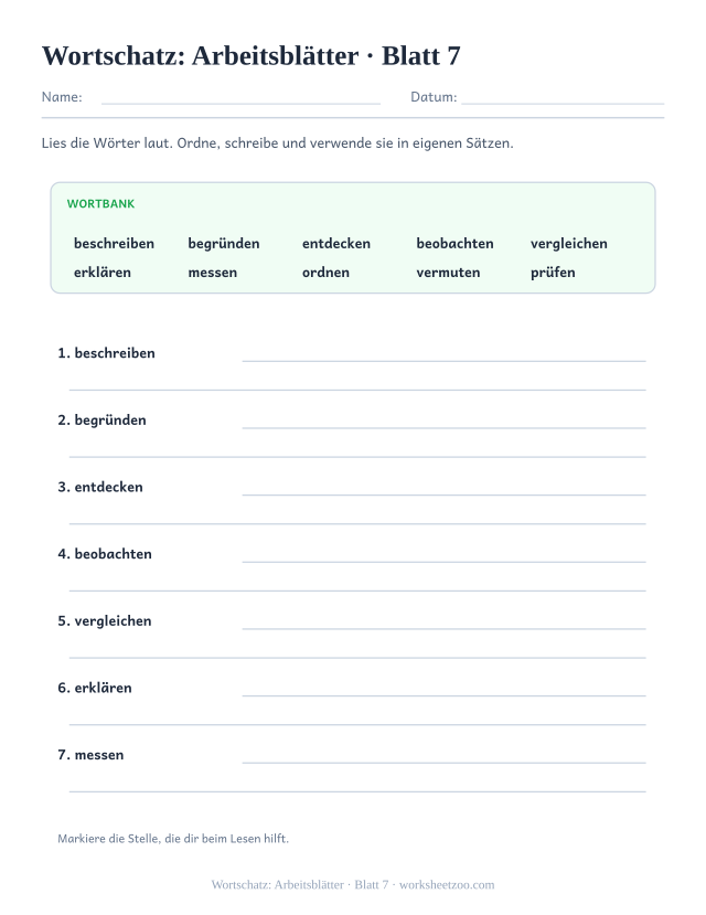 Vorschau: Wortschatz: Arbeitsblätter, druckbares Arbeitsblatt 7