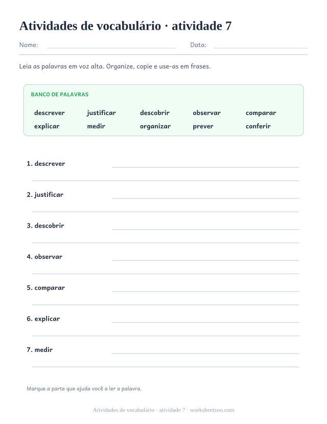 Prévia de Atividades de vocabulário, atividade 7 para imprimir